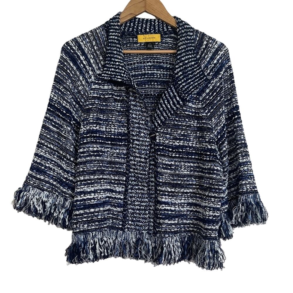 St. John Collection Lofty Floats 3/4 Sleeve Knit Jacket Blue White Size XL - Picture 6 of 11